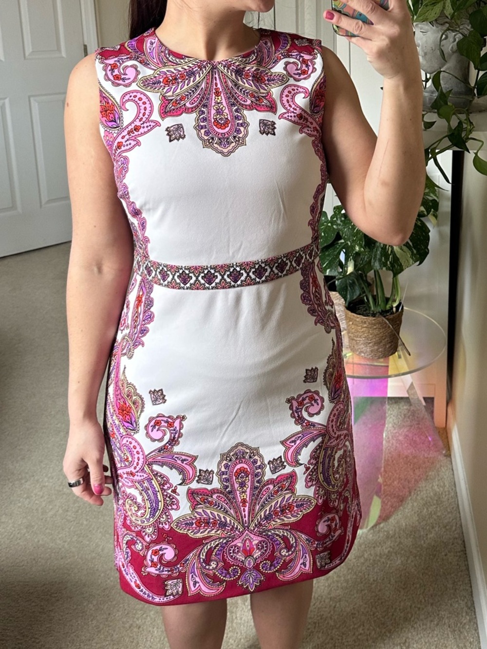 London Times White Mini Dress with Pink Paisley Print